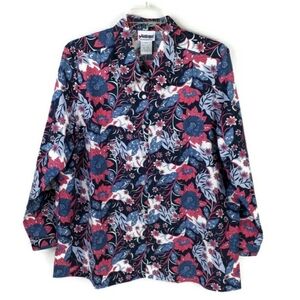 National Pink White Blue Floral Print Button Front Long Sleeve Blouse Women 22W